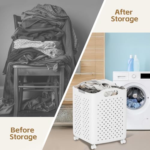 57L Foldable Collapsible Laundry Basket, with Wheels+Handles(Pearl White) - color: Pearl White
