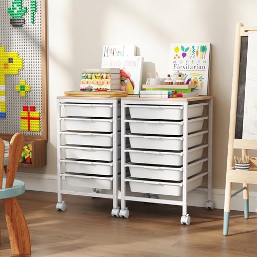 Giantex Rolling Storage Cart with 6 Drawers, Utility Cart w/Wooden Tabletop, Lockable Wheels, Multipurpose Organizer for Art Craft Books Paper, Drawer Carts for Dorm Classroom Office, White - color: White, size: 6 Drawer-13"x14.5"x22.5"