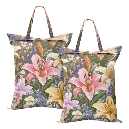 Travel Laundry Bags 2 PC Wet Dry Bag with Handle Dirty Clothes Organizer for Swimsuits Beach Camping Waterproof Washable Lilies Lavender Purple - color: Lilies Lavender Purple