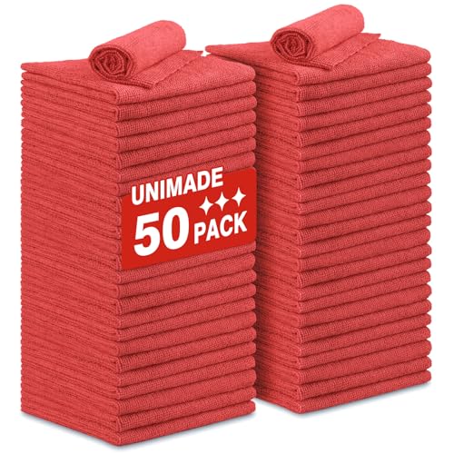 UNIMADE Shop Towels Rags, 50 Pack Reusable Microfiber Cleaning Cloth - color: Red, size: 50PK