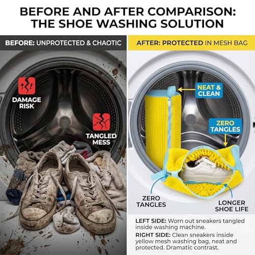Shoe Washing Machine Bag for Washer & Dryer, Mesh Laundry Shoe Bag with Brush & Shoe Trees, Sneaker Cleaning Bag, Reusable Shoe Cleaner, Fits Up to Size 13