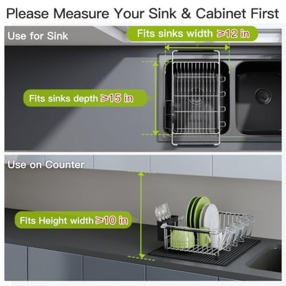 JASIWAY in Sink Dish Drying Rack with Mat, Cups and Utensil Holder - color: Silver, size: For 12"-30"w Sink, with Mat