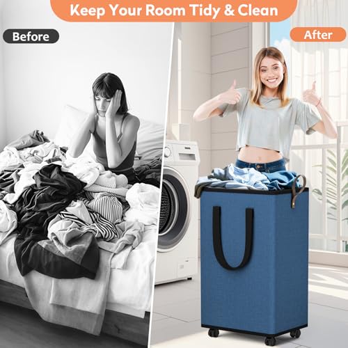 SpaceTrove Rolling Laundry Basket with Wheels, Laundry Hamper, 80L, Navy - color: Navy, size: 80L