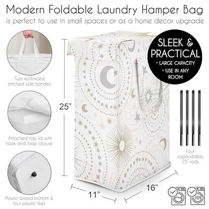 Sweet Jojo Designs Blush Pink Gold Star and Moon Girl Laundry Hamper Foldable Dirty Clothes Basket with Handles for Baby Nursery Kids Bedroom Teen Bathroom - Grey Celestial Sky Stars Gray Shabby Chic - color: Pink Celestial