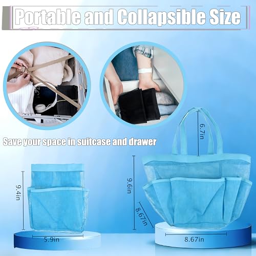 Mesh Shower Caddy Portable - 9 Pockets, Shower Bag for Dorm Room Camping - color: light blue