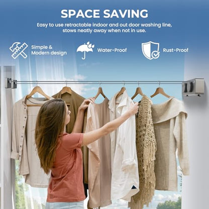 Retractable Clothesline Indoor Outside Heavy-Duty, Upgrade 304 Double Stainless Steel Shower Room Clothes line, Fit Rv Balcony Courtyards Indoor Drying Rack Clothesline, 13.8ft - style: grey
