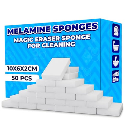 50 Pcs Melamine Sponges for Cleaning - White Magic Sponge, Convenient Cleaning Blocks (10x6x2 cm), Non-Scratch Design for Gentle Cleaning, Multipurpose Eraser Pads for Kitchen, Bathroom, and Walls