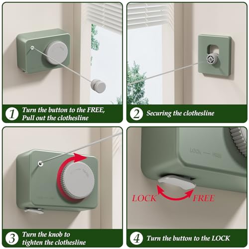 Danpoo Retractable Clothesline Heavy Duty - 13.8ft Adjustable Tension Wall Mounted Indoor Outdoor Clothes Drying Line, Compact Laundry Rope with Pulley System(Green) - color: Green