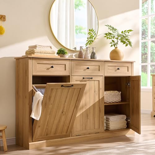 IFBUY Triple Tilt Out Laundry Hamper Cabinet, 20 Gallon Farmhouse Trash Can Cabinet w/Drawer & Adjustable Shelf, Hidden Garbage Can Bin Cabinets w/Laundry Basket for Bathroom, Kitchen (Natural) - color: Natural, size: Triple