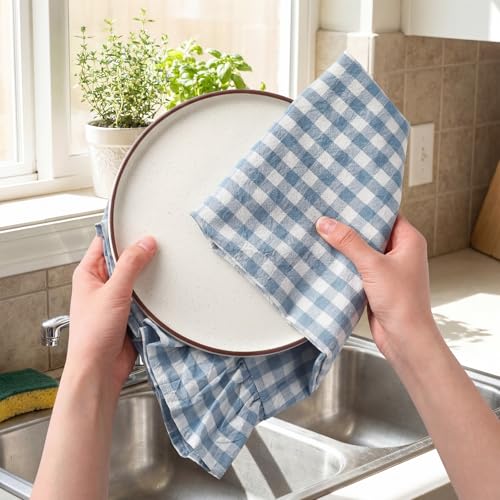 HunnmingRe 2 Pcs Dusty Blue Gingham Kitchen Towels Cotton Ruffle Dish Towel - color: Dusty Blue, style: Gingham