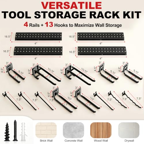 Garage Tool Organizer Wall Mount 66 inches with 13 Adjustable Heavy-Duty Hooks, Garage Organization, Garden Tool Storage Rack, Yard, and Shed, Holds Up to 520 lbs - size: 66" | 4 Panels + 13 Hooks