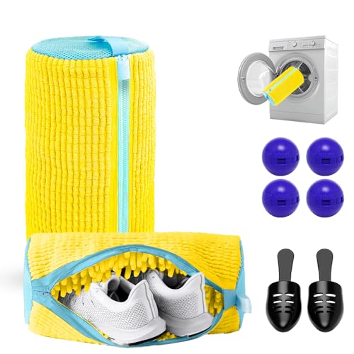 2PCS Shoe Washing Machine Bag with Pair of Shoes Tree and 4 Deodorizer Balls, Durable Zipper Reusable Shoe Washing Bag with 20000+ Fluffy Fiber Lining For 360° Cleaning for Sneakers - color: Yellow