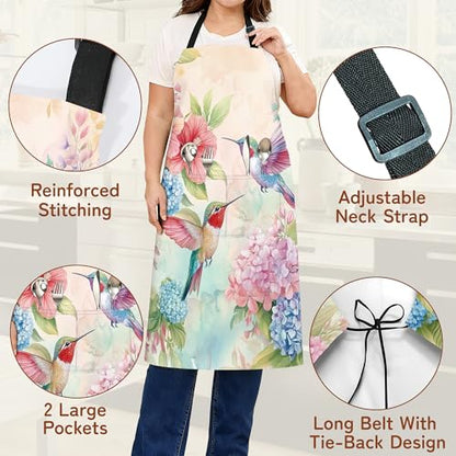 Cooking Aprons for Men and Women,Adjustable Bib Chef Apron with 2 Pockets, Soft and Durability Kitchen Apron - color: Hummingbird Pink Flower
