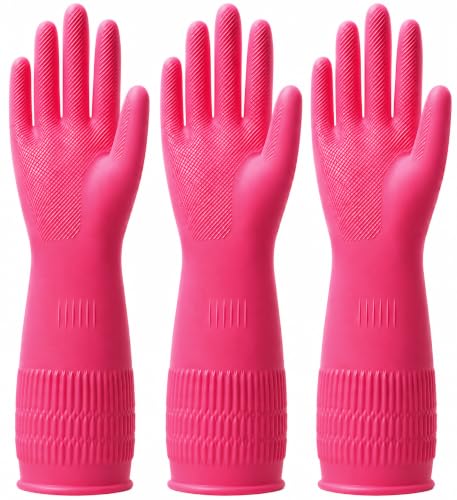 Rubber Dishwashing Gloves, 3 Pairs, Long Cuff Cleaning Gloves - color: Red (3 Pairs), size: Medium