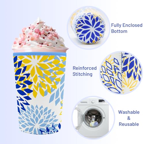 Iced Coffee Sleeve Reusable Neoprene Cup Sleeves, Blue Flower - color: Blue Yellow Flower