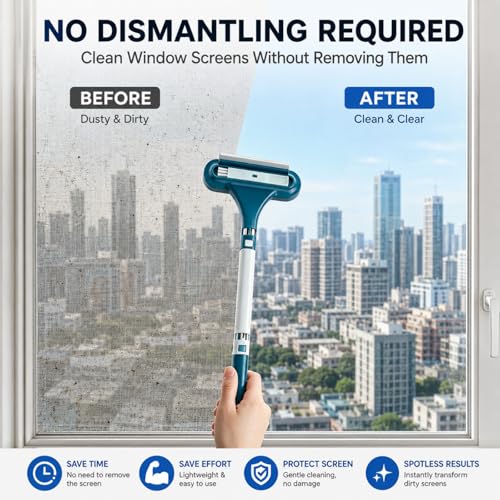 3 in 1 Window Screen Cleaning Brush Multifunctional Mesh Screen Cleaner Tool with Integrated Squeegee Multi Purpose Cleaning Accessory for Patio Door and Porch Screens