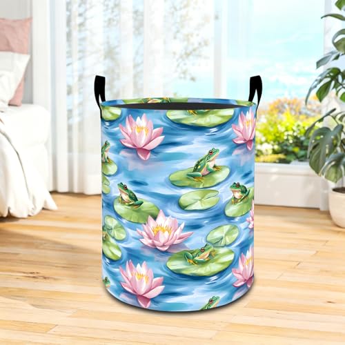 Frog Lotus Laundry Basket with Handles, Watercolor Pond Flowers Foldable Clothes Hamper, Fresh Waterproof Oxford Cloth Storage Bin Gifts Decor for Bedroom Bathroom Closet, 19.7"X15.7" - color: Frog