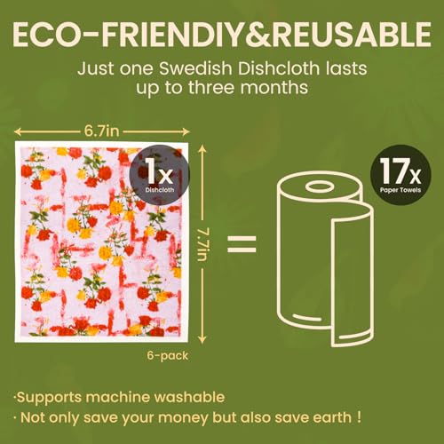 Swedish Dishcloths for Kitchen Reusable 6 Pack Kitchen Towels No Odor Quick-Drying Reusable Paper Towels Reusable Paper Towels Washable for Countertop, Sink, and Kitchen Rose - color: Rose