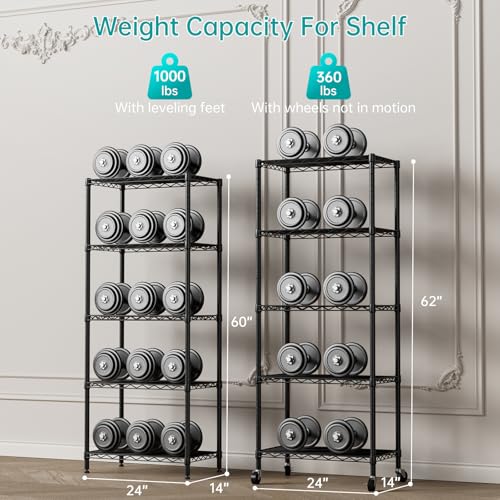 SINGAYE 5 Shelves Storage Wire Shelf Closet Metal Shelving Pantry Wheels - color: Black, size: 5Tier/14"D X 24"W X 61"H