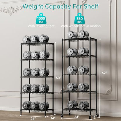 SINGAYE 5 Shelves Storage Wire Shelf Closet Metal Shelving Pantry Wheels - color: Black, size: 5Tier/14"D X 24"W X 61"H