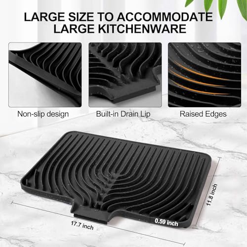 Dish Drying Mat for Kitchen Counter, with Built-in Drain Lip, Food-Grade Silicone, Easy Clean Pad for Countertop Protection, Multi-Functional Use (18 x12 Raised Sink, Black) - color: Black, style: 18 x12 Raised Sink