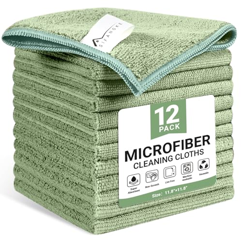 SIFANGKE Microfiber Cleaning Cloth, 12 Pack Green Cleaning Rags for Housekeeping, Reusable Microfiber Towels for Car, Kitchen, Bathroom and Household Cleaning Supplies, 11.8"X11.8" - color: I.green, size: 1 Count (Pack of 12)
