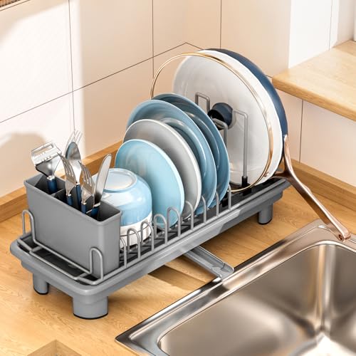 Compact Dish Drying Rack with Utensil Holder – Small Countertop Dish Drainer with 360° Rotating Drain Spout, Stainless Steel Dish Rack for Kitchen Sink, Space-Saving Design for Small Kitchen , Grey - color: Gray