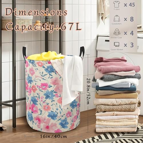 Colorful Pink Blue Flower Laundry Hamper,Floral Collapsible Laundry Basket with Handles Waterproof Storage Bin for Clothes Books Organizer Basket for Bedroom Bathroom Dormitories 16" x 20.8" - color: Colorful Pink Blue Flower Floral