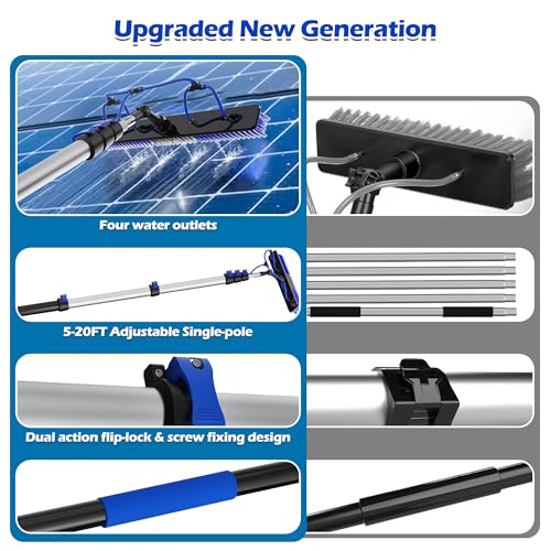 5-20FT Solar Panel Cleaning Brush Kit - Telescopic Pole with Dual Action Flip-Lock & Screw Fixing, Water Flow & Soap Dispenser, Ideal for Snow Removal, Windows, Boats, RVs, Decks