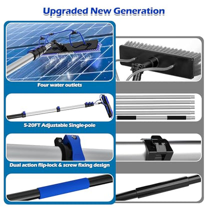 5-20FT Solar Panel Cleaning Brush Kit - Telescopic Pole with Dual Action Flip-Lock & Screw Fixing, Water Flow & Soap Dispenser, Ideal for Snow Removal, Windows, Boats, RVs, Decks