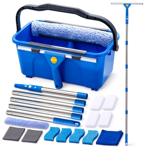 Window Cleaning Kit with Bucket, 76" Extension Pole, Squeegee & Scrubber