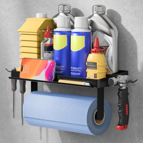 ZUNTO 3-in-1 Wall Mount Garage Paper Towel Holder with Shelf, Organize Shelf & Pen Holder(or Phone Storage) & Hanging Hooks - Heavy Duty Stainless Steel Organizer for Kitchen, Workshop, Laundry Room - color: Black-garage-upgrade