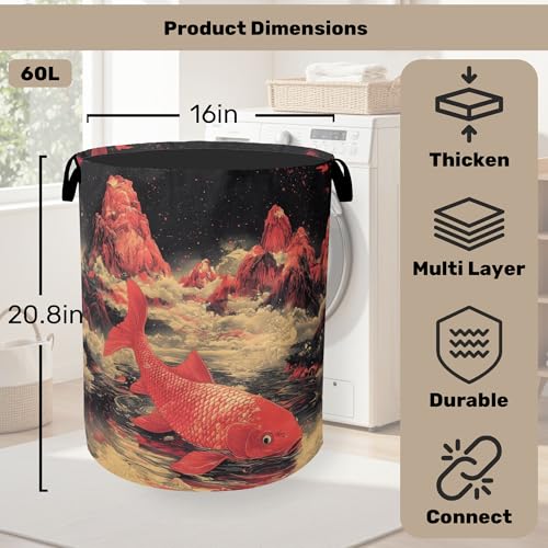 Japanese Style Red Fish Laundry Basket - Heavy Duty 60L Dirty Clothes Organizer, Water Resistant Foldable Hamper for Men Women - color: Japanese Style Red Fish