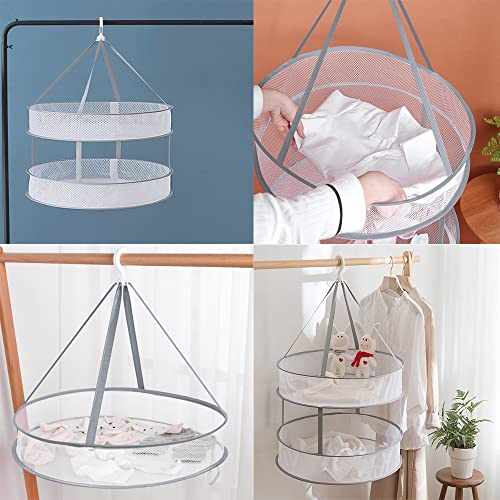 2 Pack Drying Rack Clothing Collapsible Laundry Basket 23'' Folding Hanging Dry Net Mesh Dryer with Hook for Clothes Drying Household Lingerie Sweater Blouse Herb (1Tier+2Tier)