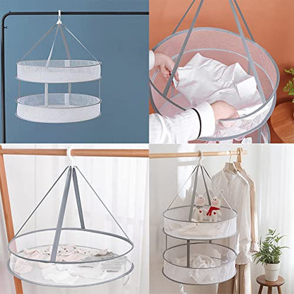 2 Pack Drying Rack Clothing Collapsible Laundry Basket 23'' Folding Hanging Dry Net Mesh Dryer with Hook for Clothes Drying Household Lingerie Sweater Blouse Herb (1Tier+2Tier)