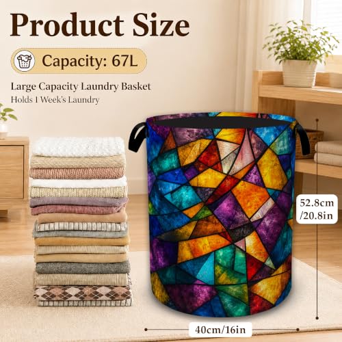Stained Glass Mosaic Collapsible Laundry Hamper for Bedroom, Freestanding Oxford Clothes Basket, Large Foldable Storage Bin with Easy-Carry Handles for Bathroom Dorm Laundry Room - color: Stained Glass Mosaic