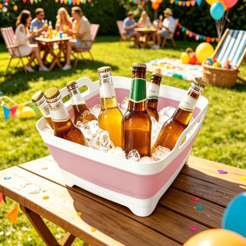 FOSJGO Collapsible Dish Basin with Drain Plug, Foldable Sink, 2.4 Gal (9L) - color: Pink