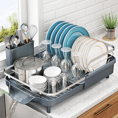 SNTD Expandable Dish Drying Rack for Kitchen Counter, 15.2-22.1 in, Gray - color: Gray
