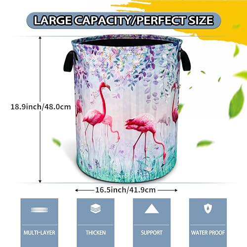 Flamingo Flowers Laundry Basket Foldable Waterproof Hamper 18.9 x 16.5 Inch - color: flamingo