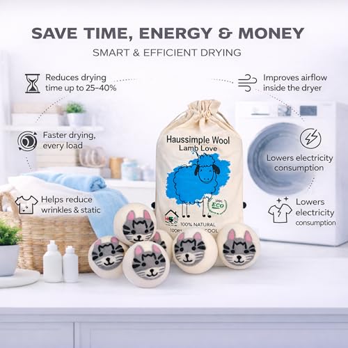 Wool Dryer Balls Organic Felt 6 Pack Laundry Fabric Softener, Extra Large Reusable Handmade Natural Sheep Wool Lint Wrinkle Free Anti Static Baby Safe (Cat) - color: Cat