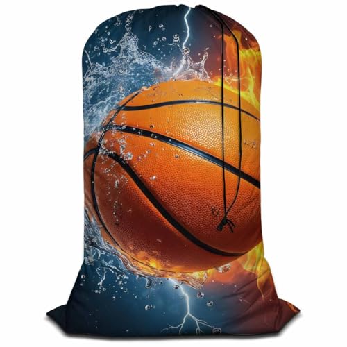 Swono Travel Laundry Bag, Basketball Ball In Fire Water Sport Spark Lightening Game Machine Washable Dirty Clothes Organizer, Large Enough to Hold 4 Loads of Laundry, Easy Fit a Laundry Hamper or - color: Basketball