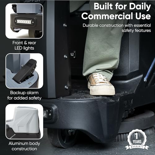 Battery Powered Ride-On Commercial Floor Scrubber Machine, 22" Brush, 31.5" Squeegee Width, 19 gal Solution Tank, 20 gal Recovery Tank, 5 hr Use 7 hr Charge, 200 RPM, 48,400 Sqft/H, Batteries Included - size: 22"