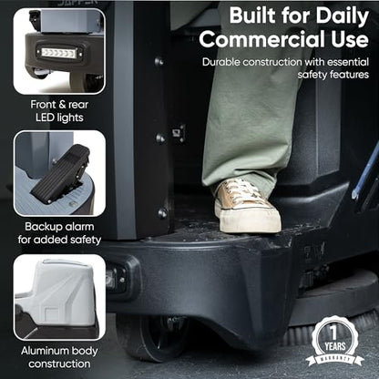 Battery Powered Ride-On Commercial Floor Scrubber Machine, 22" Brush, 31.5" Squeegee Width, 19 gal Solution Tank, 20 gal Recovery Tank, 5 hr Use 7 hr Charge, 200 RPM, 48,400 Sqft/H, Batteries Included - size: 22"