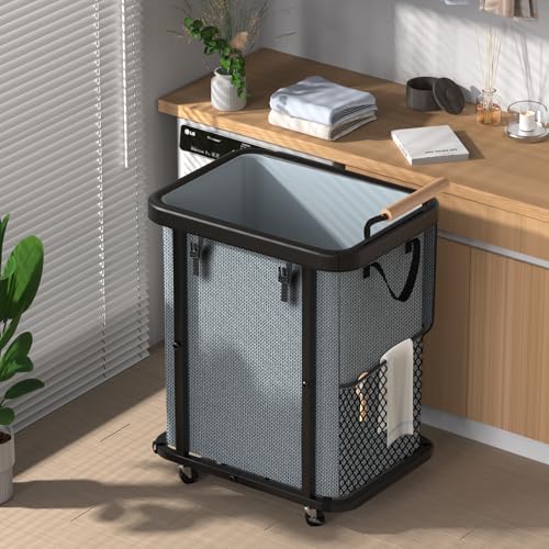 Laundry Hamper with Lid,Leather Patchwork Laundry Basket with Wheels Grey - color: Gray, size: 1 Section