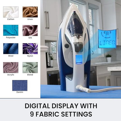 Kenmore Steam Iron for Clothes – Plancha de Ropa with Vertical Garment Steamer, Stainless Steel Soleplate, 9 Fabric Presets, 1725W, Auto Shut Off & 3- way Anti-Drip, La plancha de vapor