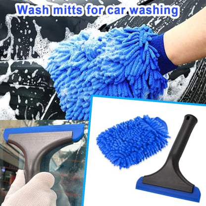 Window Tint Tool Small 6" Silicone Handy Cleaning Squeegee and Car Wash Mitt Chenille Microfiber Super Absorbent for Car Windshield, Window, Mirror, Glass Door,Shower(Blue) - size: Blue