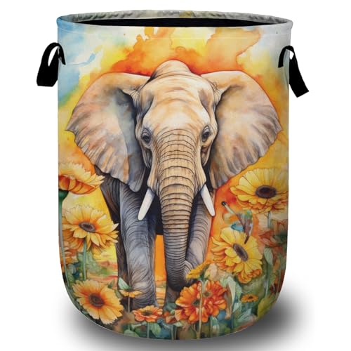 Watercolor Elephant Sunflower Laundry Basket, Foldable Wild Animals Laundry Hamper Tote Bag Dirty Clothes Storage Bucket Organizer for Bathroom/Laundry/Bedroom 15.7"x19.6" - color: Watercolor Elephant Sunflower