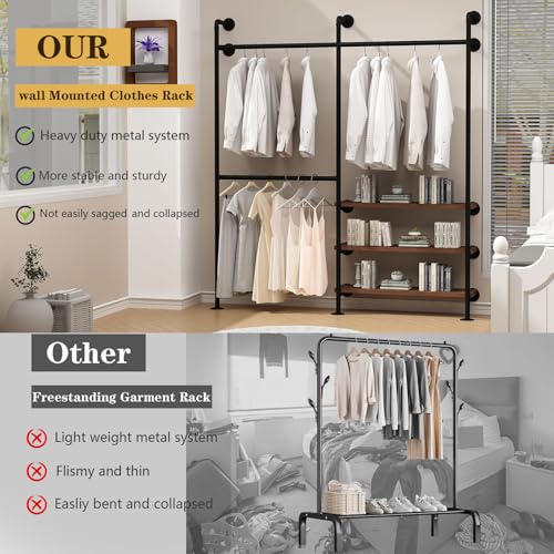 HOMEKAYT Industrial Pipe Clothes Rack,Wall Mounted Clothing Rack with Shelves, Heavy Duty Multi-Purpose Storage Clothes Hanging Shelf - 70.8''L Black - color: black, size: 70.8''L-B