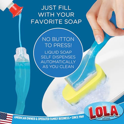 LOLA Dish Brush w/Soap Dispenser Wand, 1 Brush w/Head & 6 Refills, Absorbent Sponge Scrubber, No Leaking. Clean Dishes, Sinks and Cookware