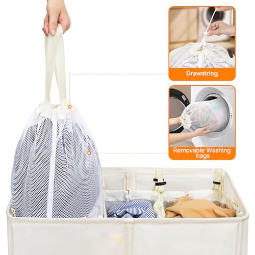 WOWLIVE Laundry Hamper with Lid, 180L Large Laundry Basket 3 Section - color: Beige, size: 180l (31.5x 12.2 X 27.5 Inches)